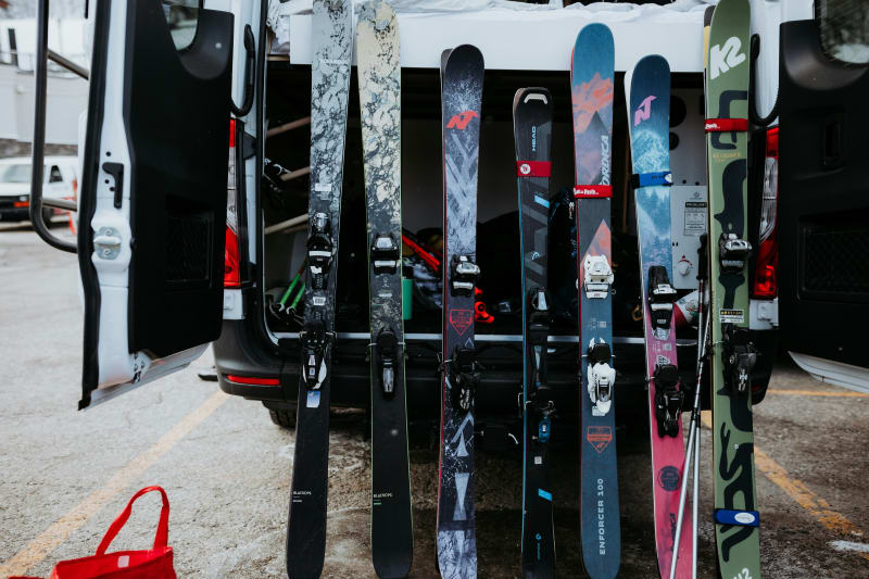 Skis lined up for the Silverton Ski Swap