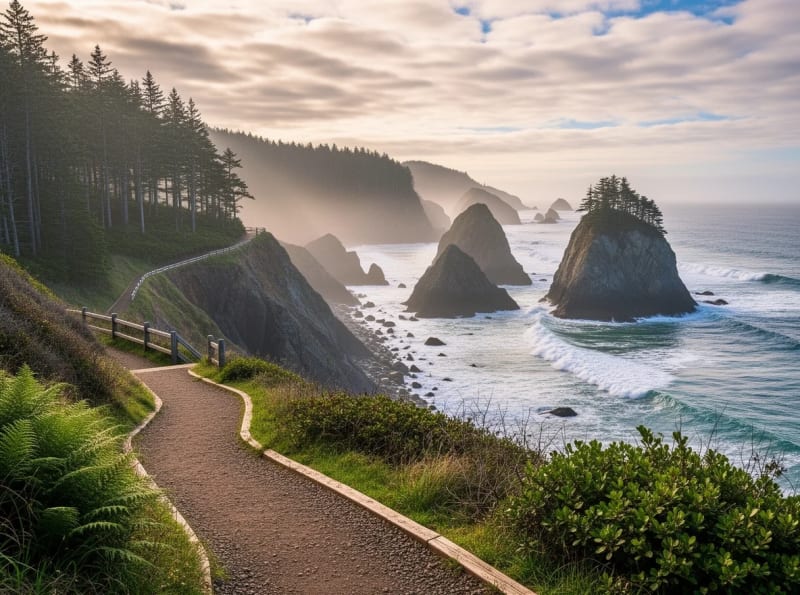 Rocky headlands and sea stacks along the Port Orford coastline