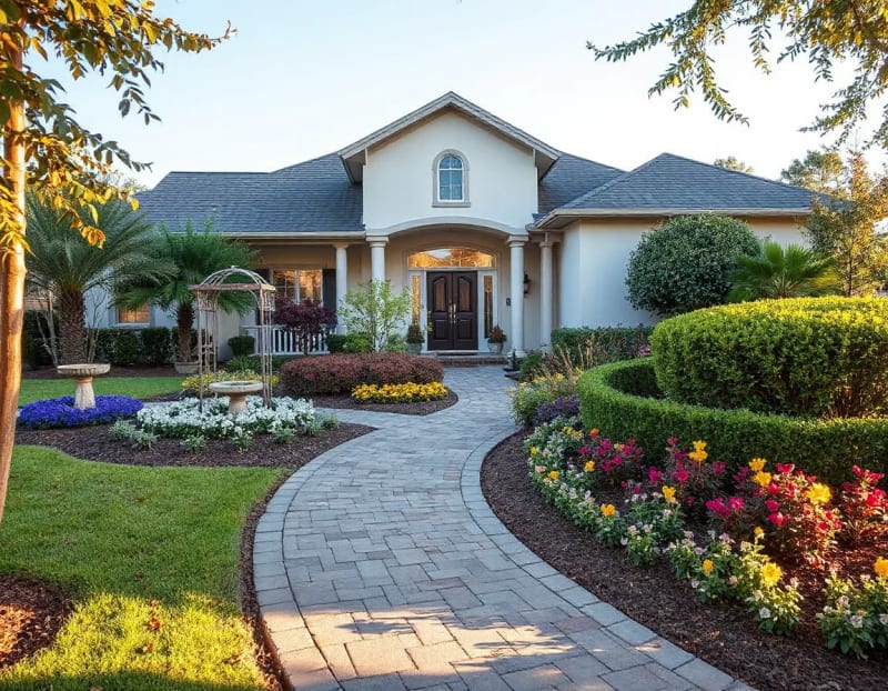 A tidy Central Florida home exterior with seasonal landscaping