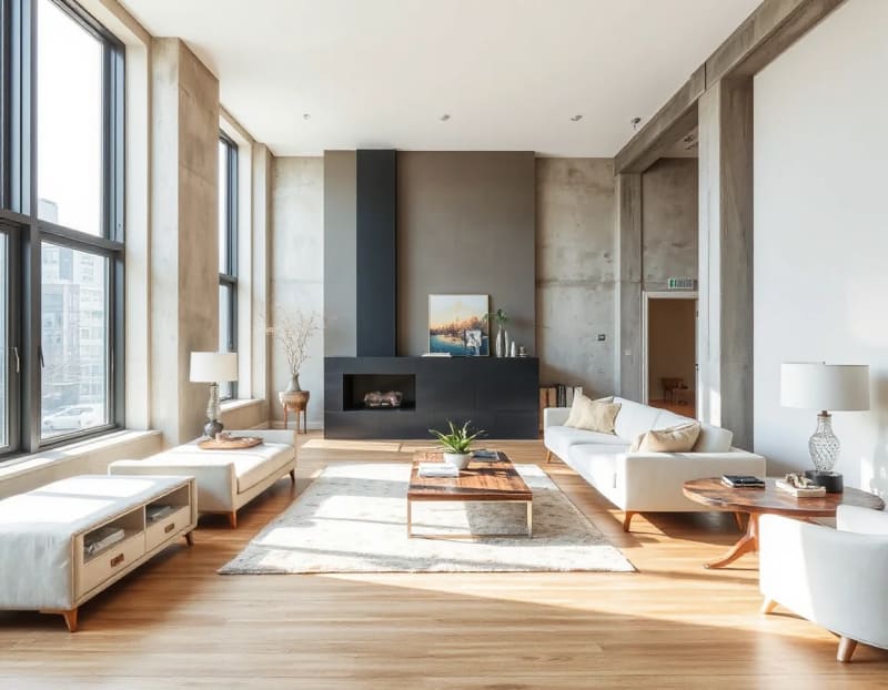 Bright staged SoMa-style loft living room