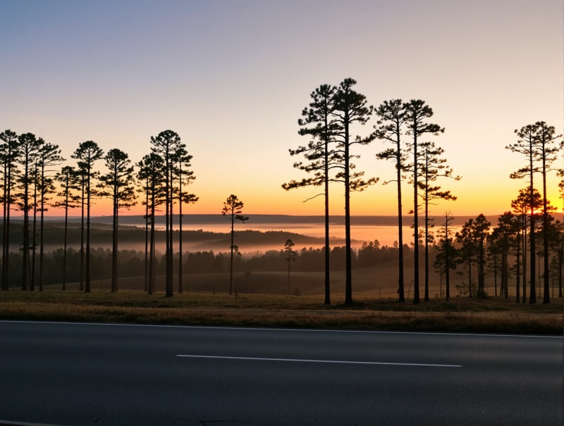 Sunrise over longleaf pines near Fort Liberty North Carolina