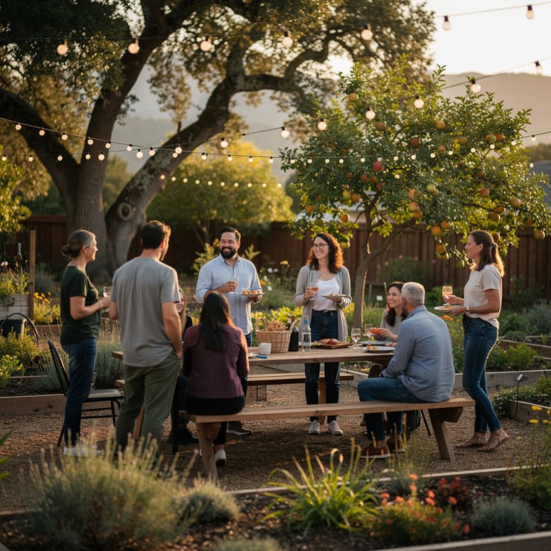 Neighbors enjoying an outdoor gathering in a Sebastopol backyard