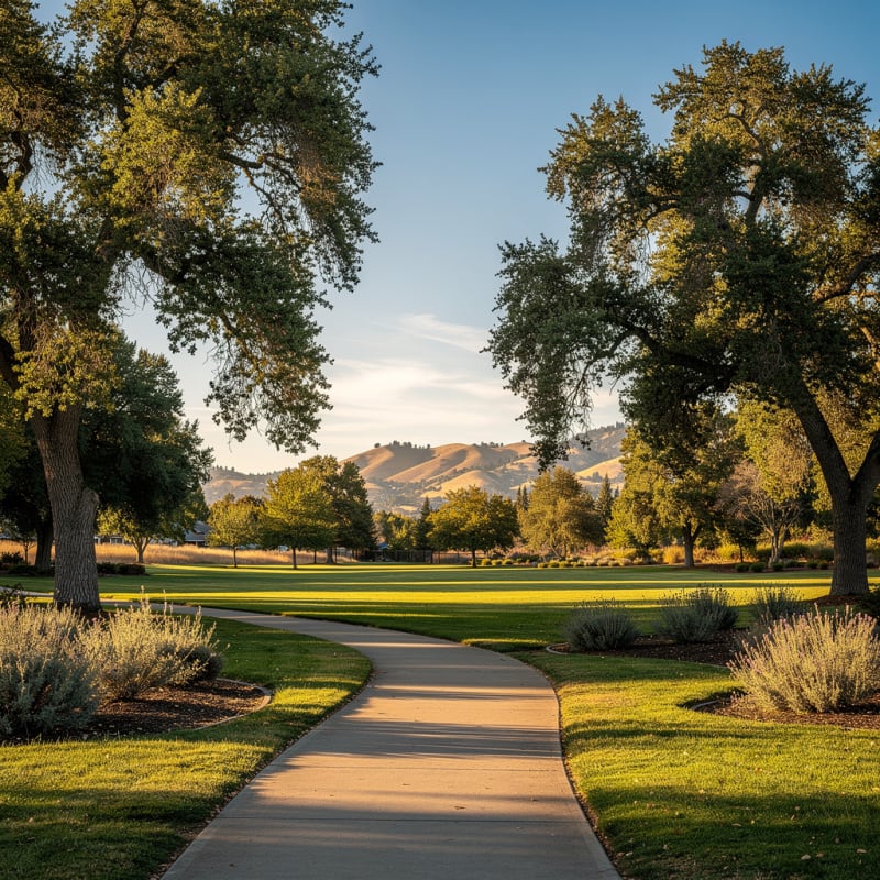 Tree-lined park and walking path in a Rohnert Park neighborhood