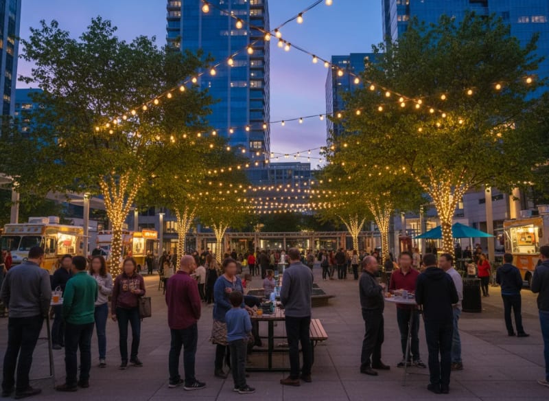 Evening gathering in a Bellevue outdoor plaza