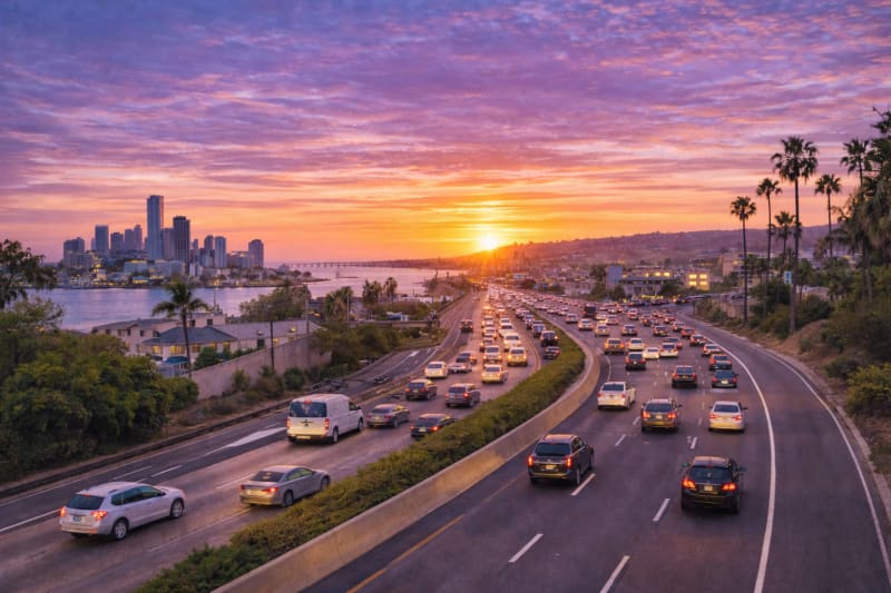 Pacific Beach I-5 Freeway Access and Traffic Cars entering the I-5 freeway from Pacific Beach in San Diego during light traffic with ocean and coastal neighborhood in the background
