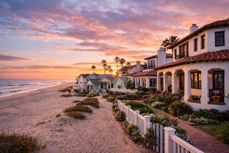 Coronado Beachfront Cottages and Spanish Homes Near the Ocean Beach cottages and Spanish-style homes along the sand in Coronado, California with palm trees and warm coastal sunset light