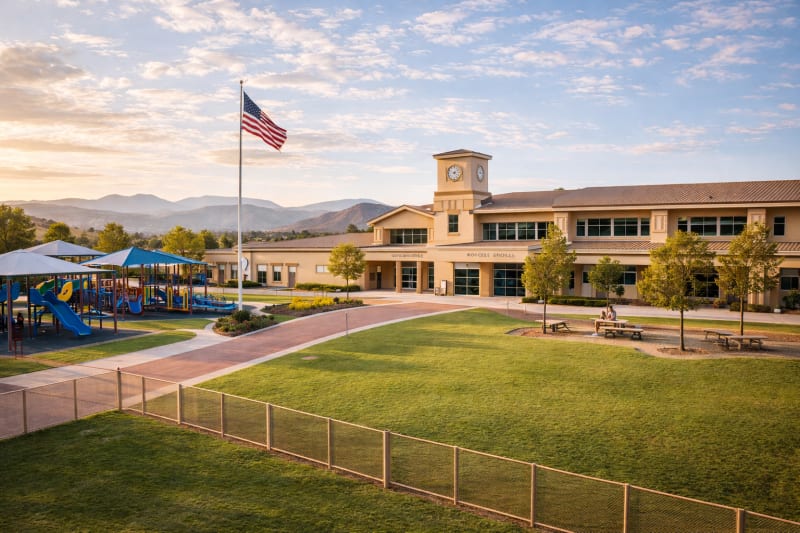 Modern Elementary School Campus in 4S Ranch San Diego Elementary school campus in 4S Ranch San Diego with modern buildings, playground, open grassy field, and mountain backdrop in North County.