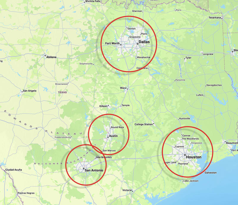 image of service area map for buyer representation in Austin San Antonio Houston and Dallas Fort Worth Texas