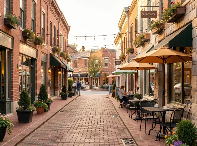 Walkable downtown streetscape in Woodstock, Georgia