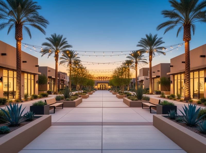 Evening community gathering in an outdoor plaza in Mesa, Arizona
